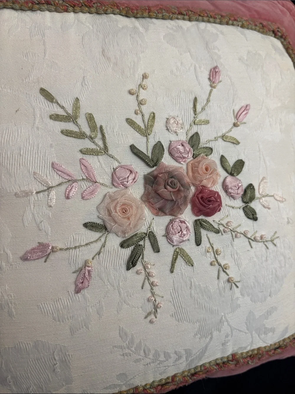 Vintage Velvet Rose Decorative Pillow - Soft Pink, Green, Cream Embroidery